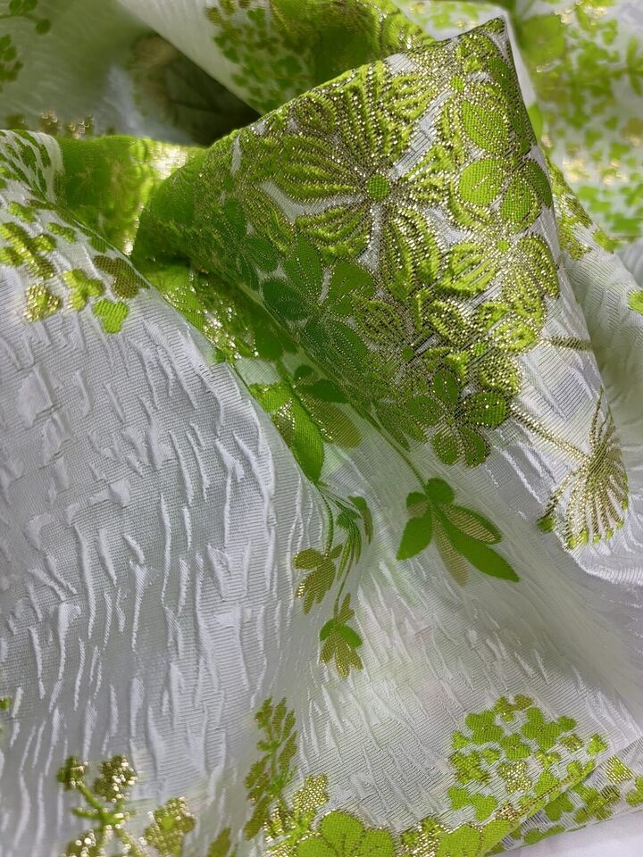 Metallic Lime Green Floral Brocade on White Organza