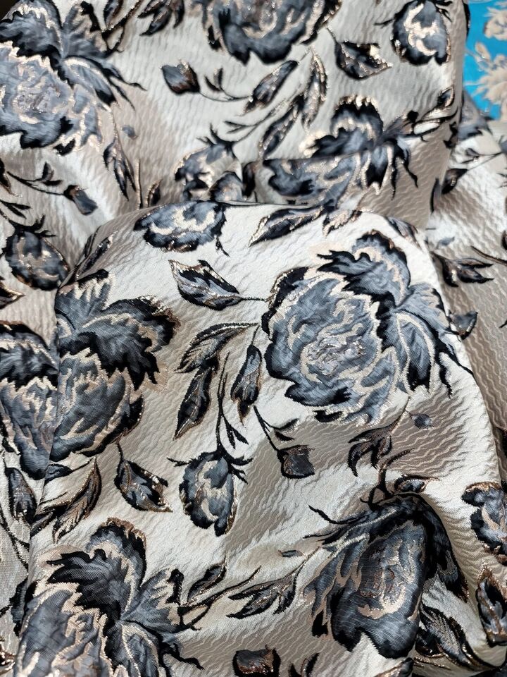 Brocade Jacquard Floral Fabric Gray Black Beige