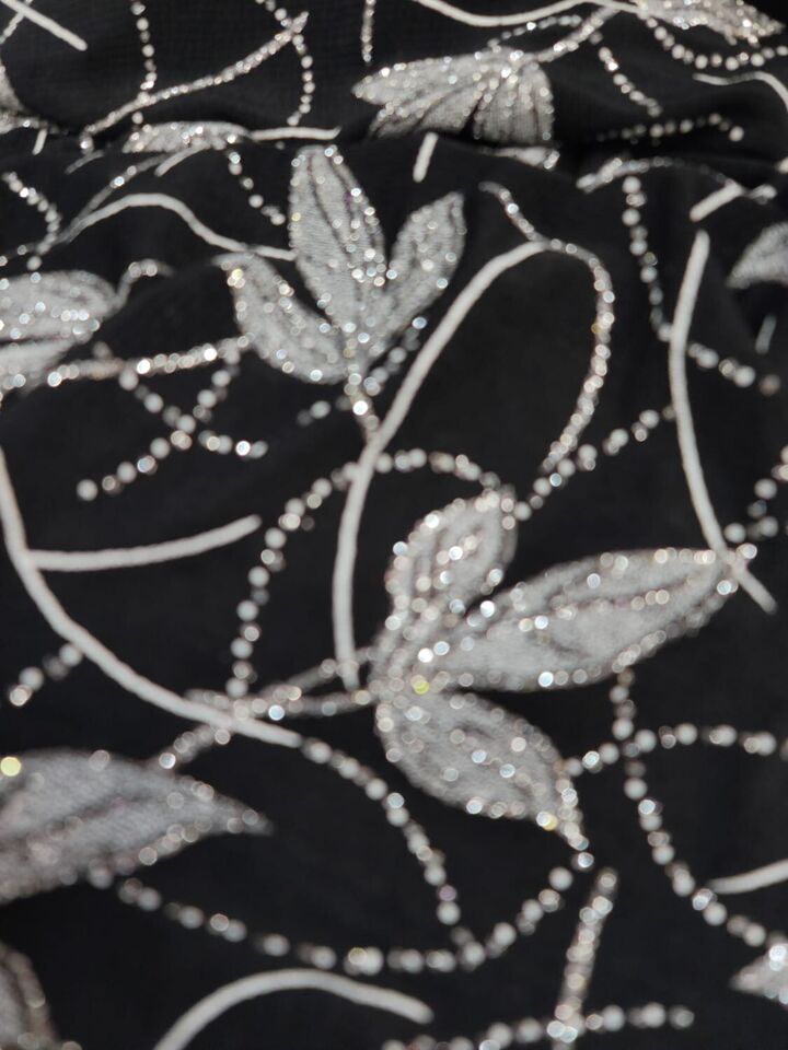 Silver Glitter Floral Black Spandex Fabric