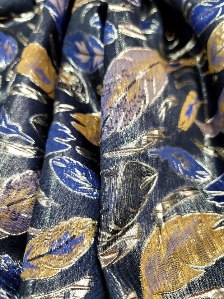Brocade Jacquard Navy Blue Leaves Gold