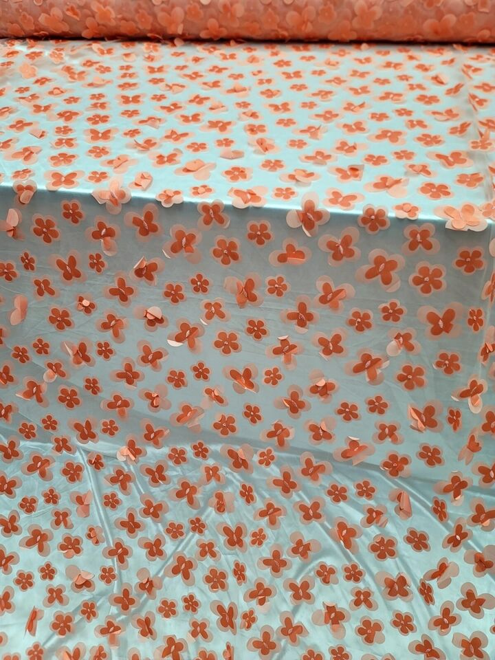3D Floral Lace Fabric Coral with Butterflies