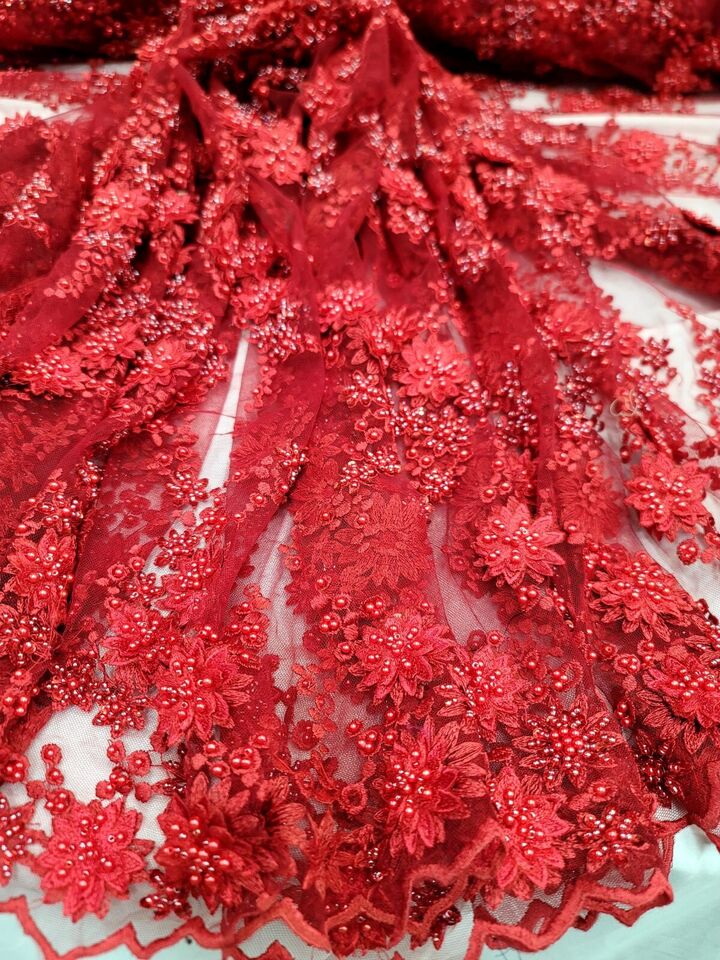 3D Floral Beaded Lace Red