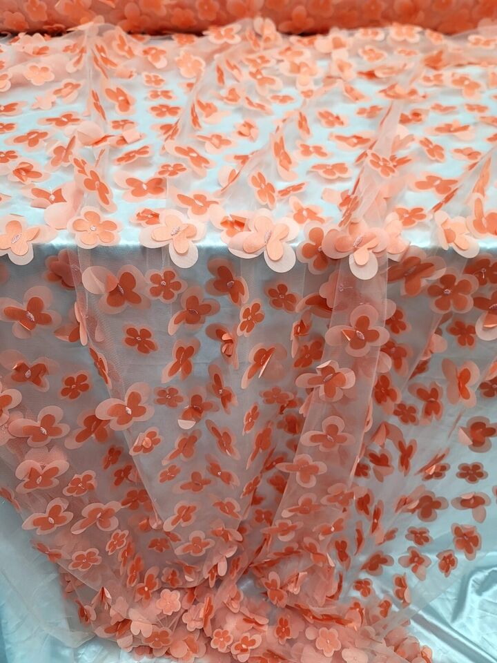 3D Floral Lace Fabric Coral with Butterflies