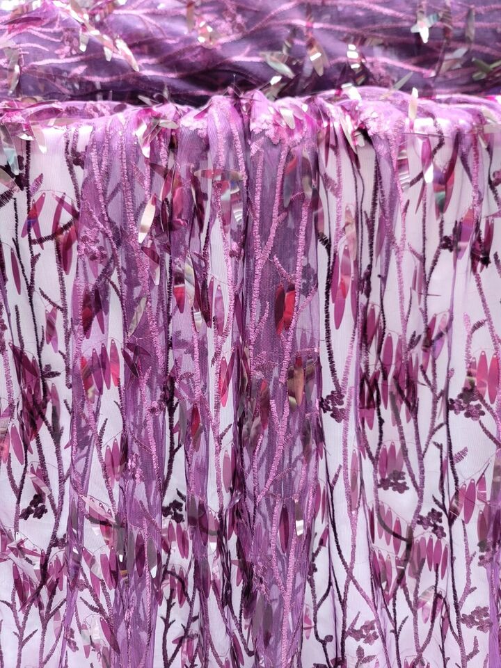 Sequined Floral Lace Embroidery in Eggplant