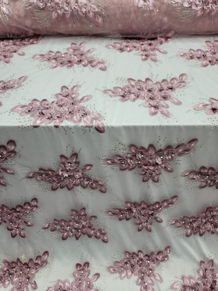 3D Floral Lace Fabric Dusty Rose Mauve