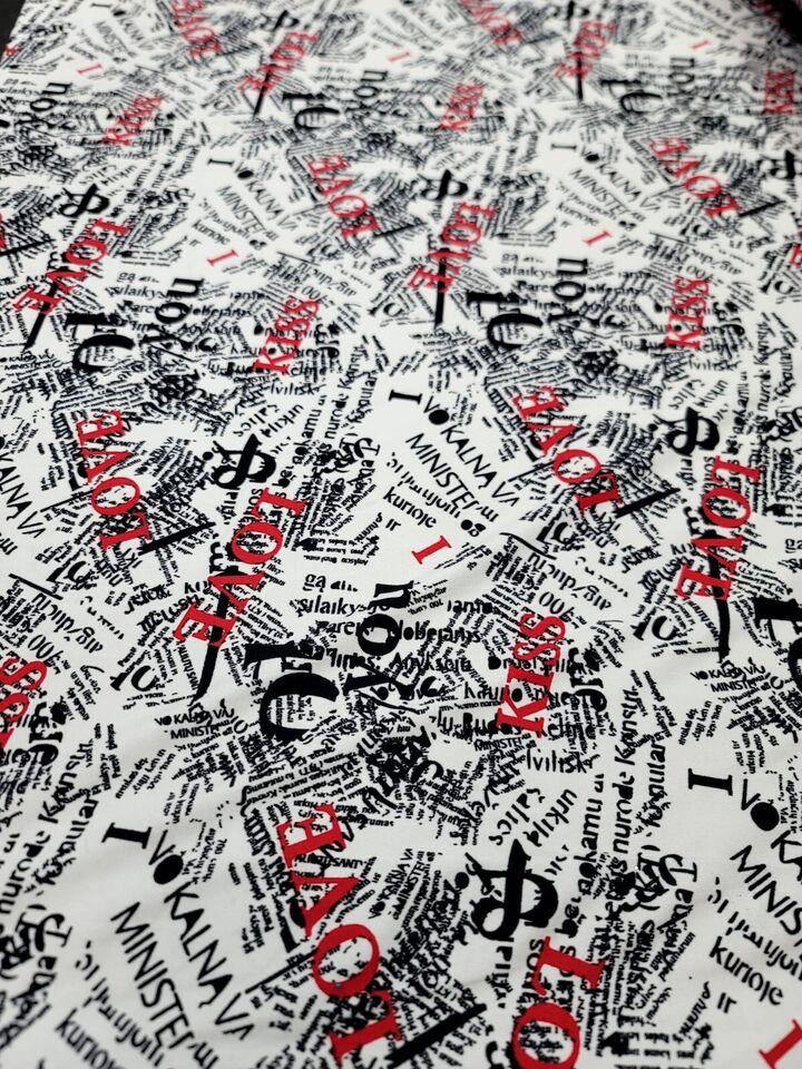 Rayon Jersey Spandex Knit Fabric - Newspaper Love Kiss Print