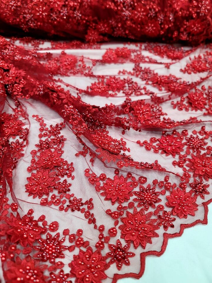 3D Floral Beaded Lace Red