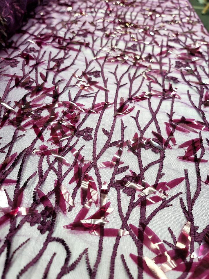 Sequined Floral Lace Embroidery in Eggplant