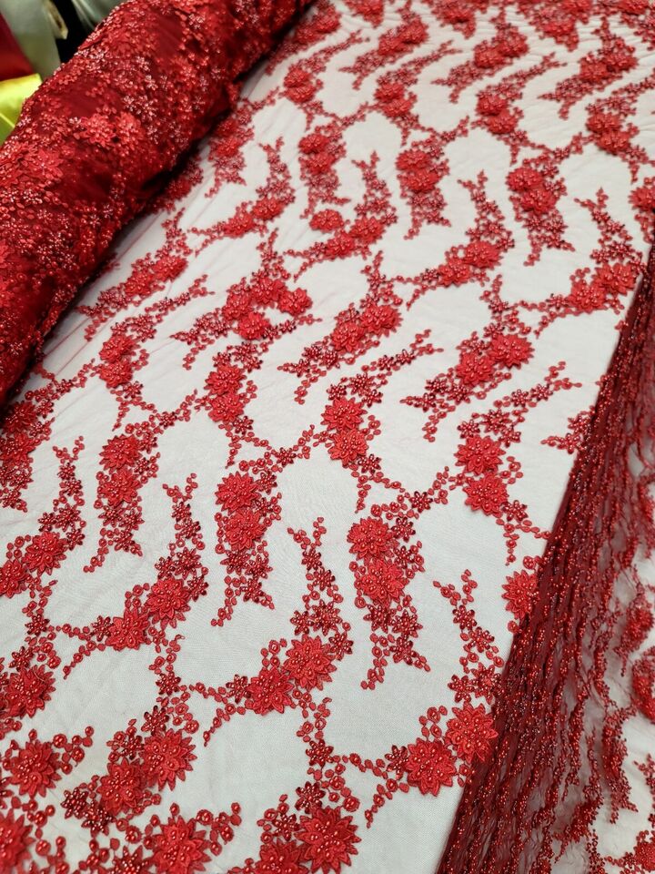 3D Floral Beaded Lace Red