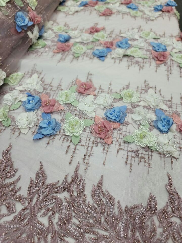 3D Beaded Lace Dusty Rose Blue Sage Floral
