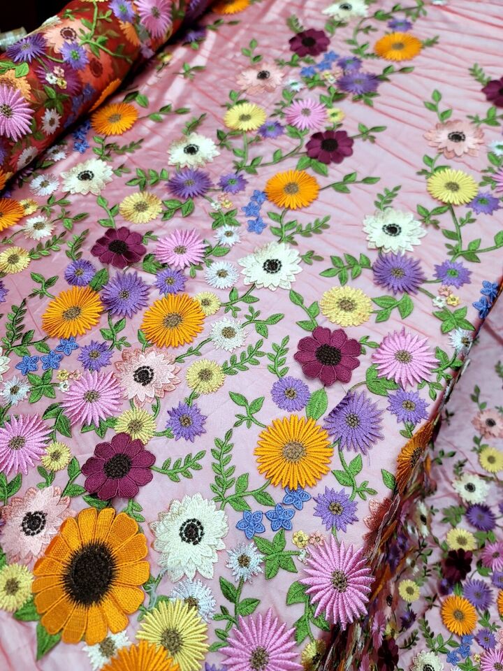 3D Flower Lace Fabric Red Mesh Multicolor