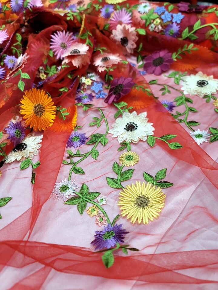 3D Flower Lace Fabric Red Mesh Multicolor