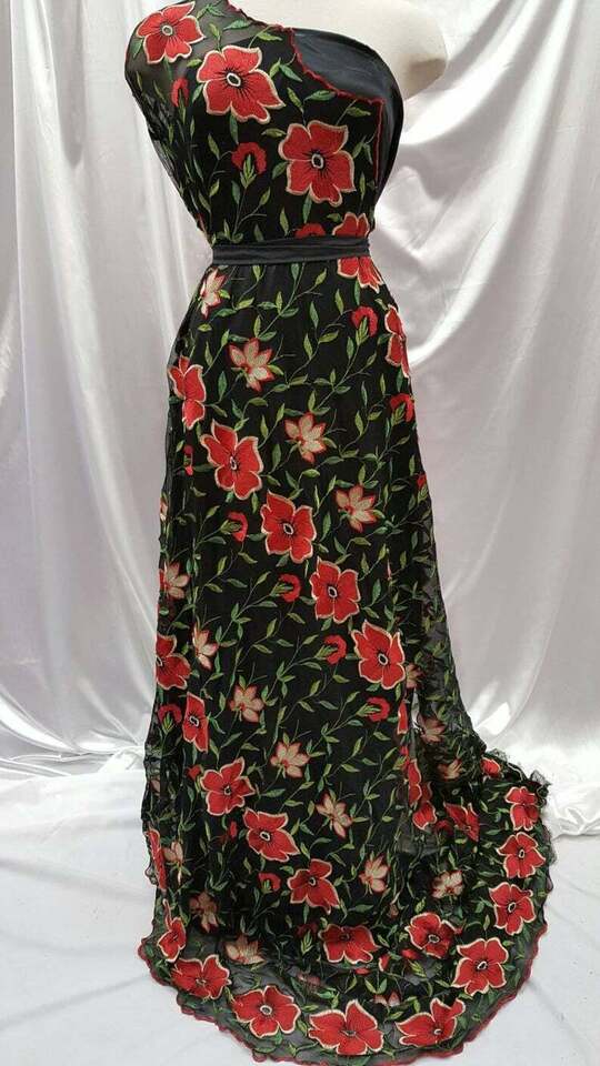 Embroidered Floral Lace on Black Stretch Mesh