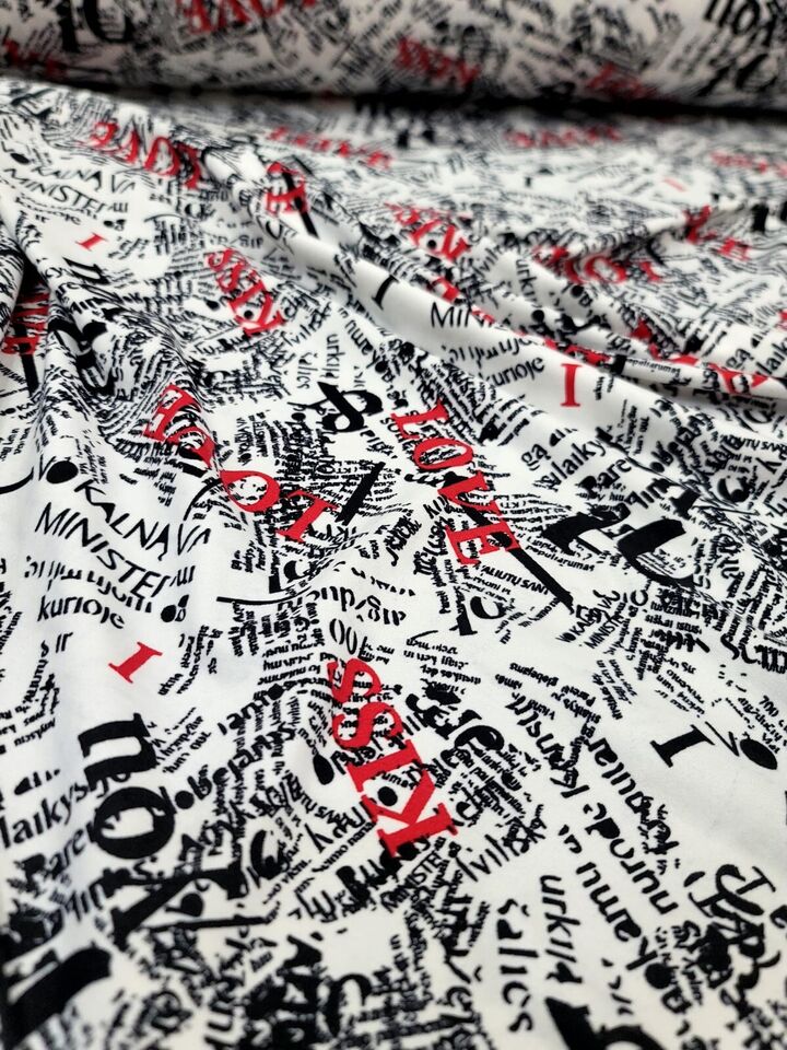Rayon Jersey Spandex Knit Fabric - Newspaper Love Kiss Print