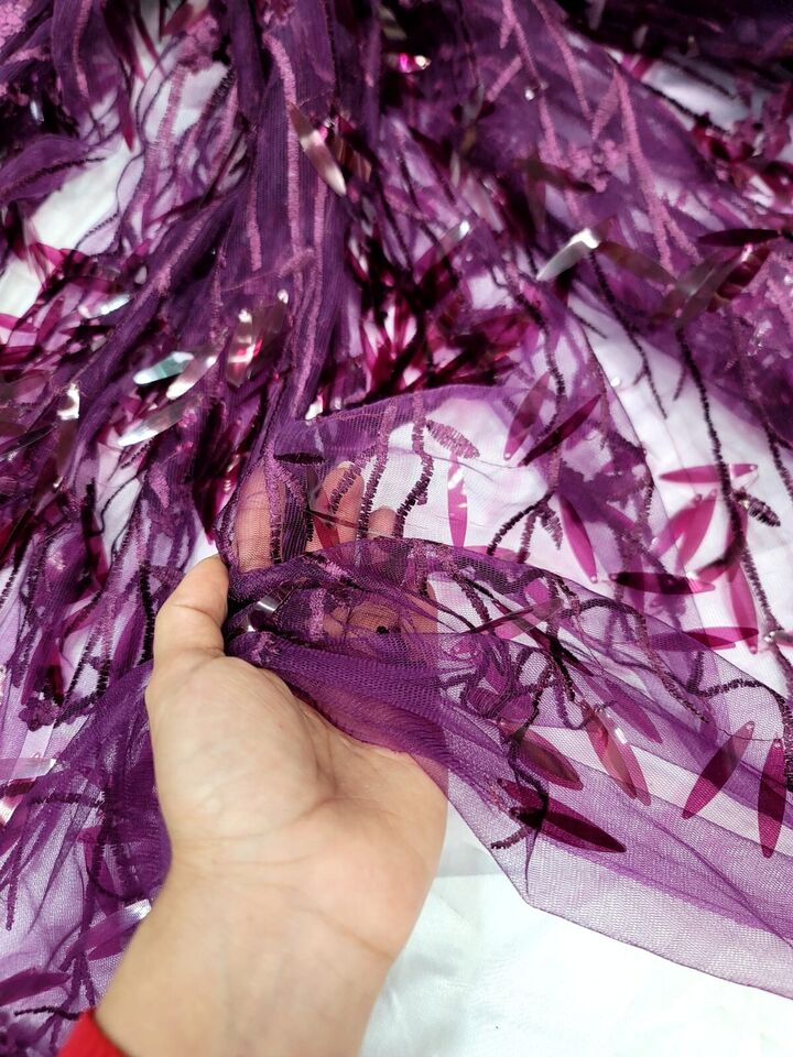 Sequined Floral Lace Embroidery in Eggplant