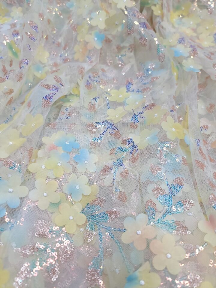 3D Floral Sequin Lace Fabric Yellow