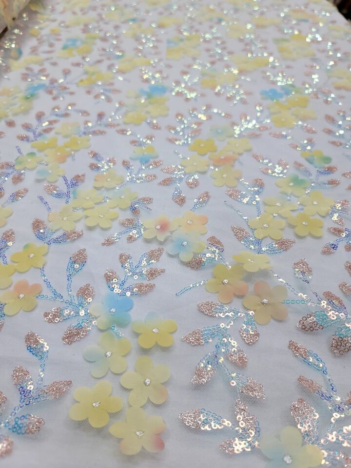 3D Floral Sequin Lace Fabric Yellow