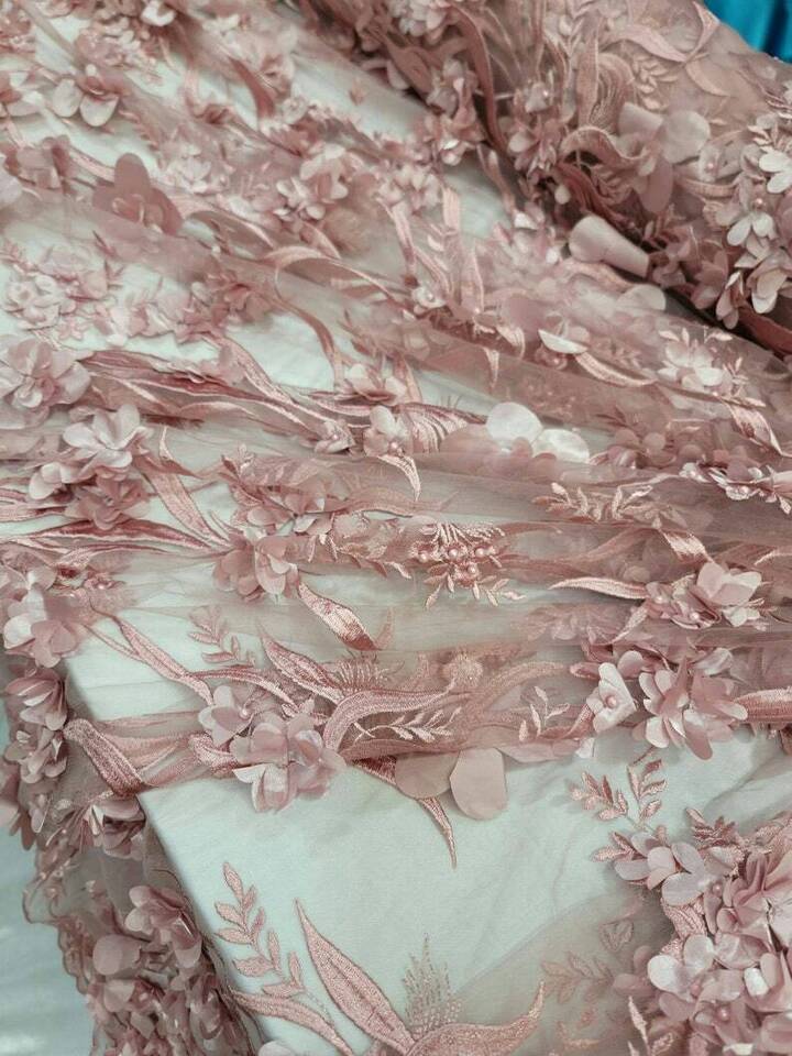 3D Floral Lace Dusty Rose Embroidered with Pearls