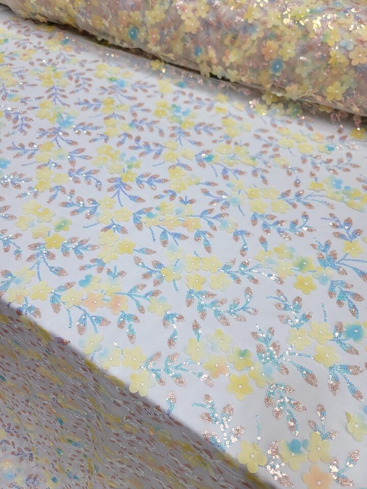 3D Floral Sequin Lace Fabric Yellow