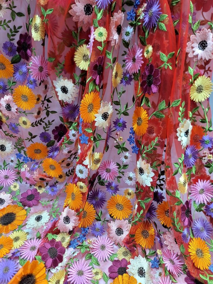 3D Flower Lace Fabric Red Mesh Multicolor