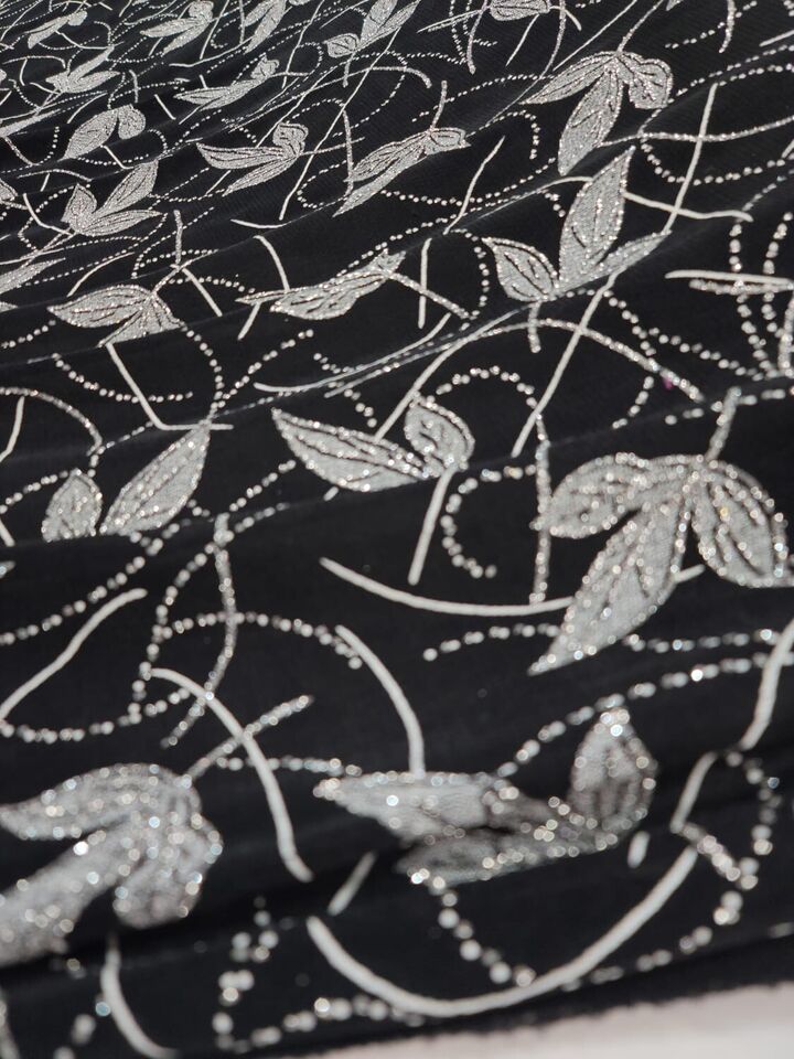 Silver Glitter Floral Black Spandex Fabric