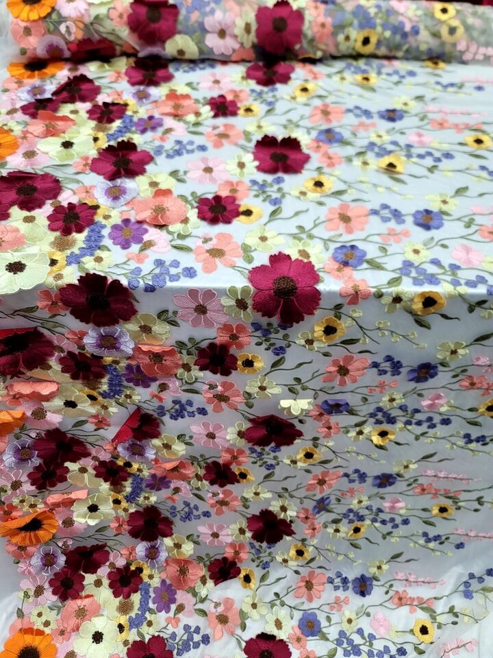 3D Multicolor Flower Lace Fabric