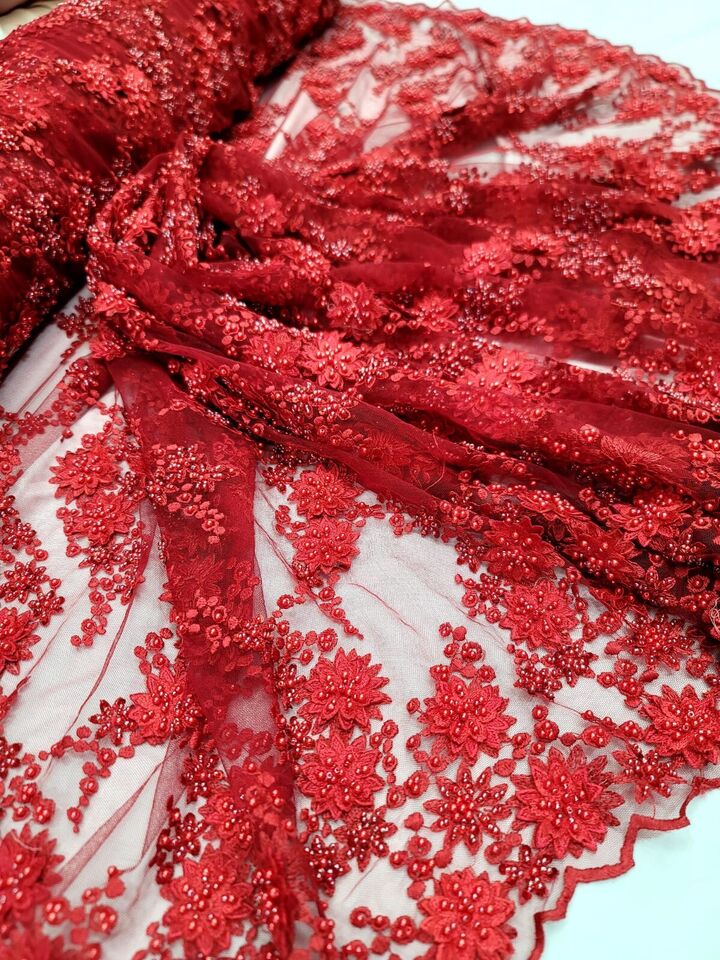 3D Floral Beaded Lace Red