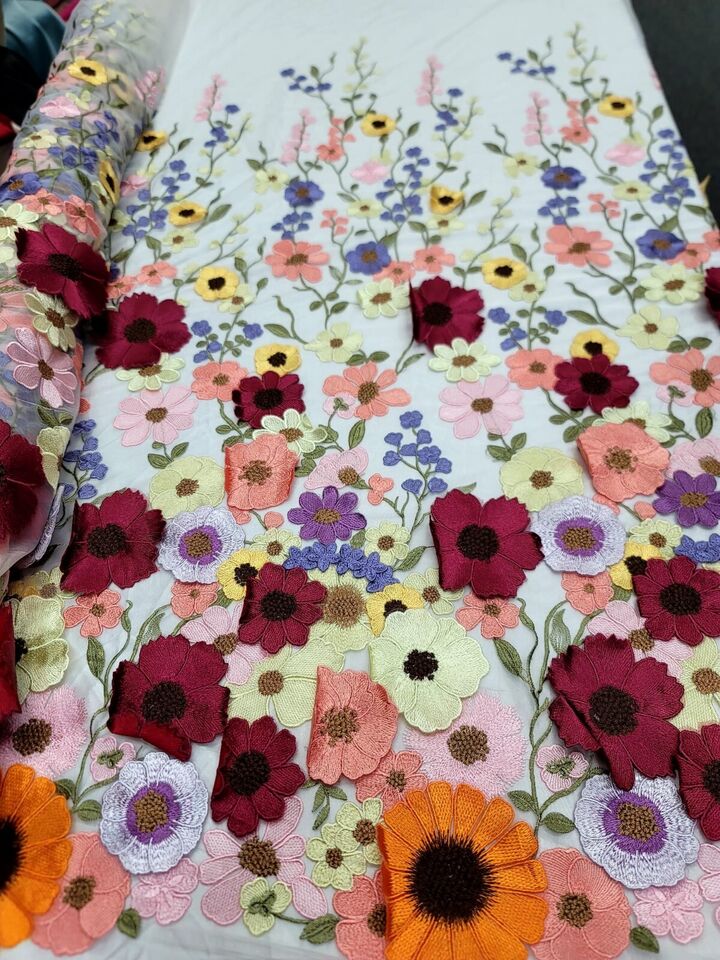 3D Multicolor Flower Lace Fabric
