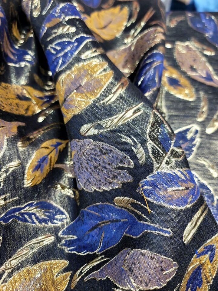 Brocade Jacquard Navy Blue Leaves Gold