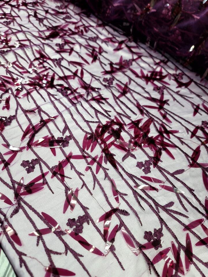 Sequined Floral Lace Embroidery in Eggplant