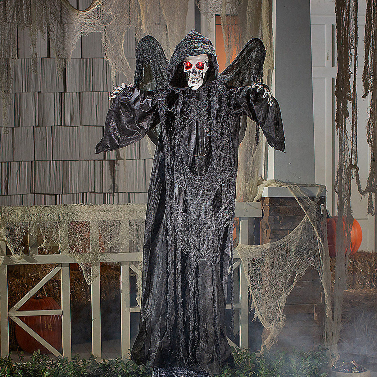 Animated Standing Skeletal Reaper with Wings – 33 1/2" x 74 3/4" Halloween Decoration