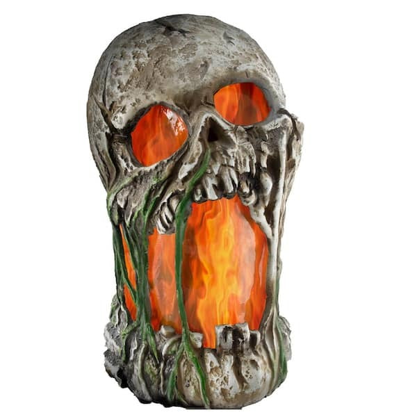 12" Flaming Rotted Skull Animated Prop