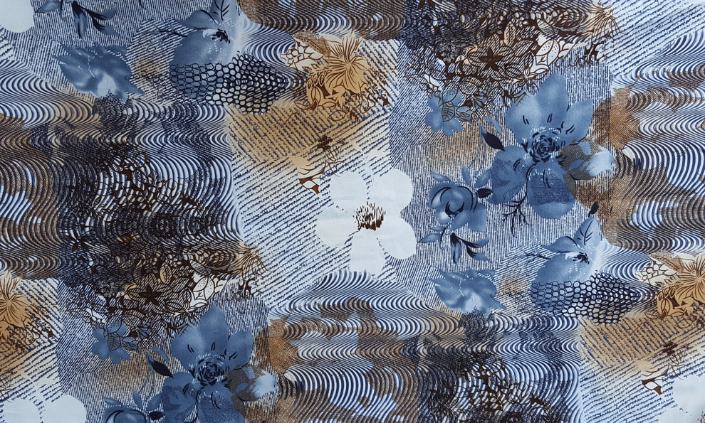 1 Yard Blue Brown Floral Cotton Twill Spandex Fabric For Pants Uniforms Jackets Skirts Dresses Crafts 50 Inch Wide