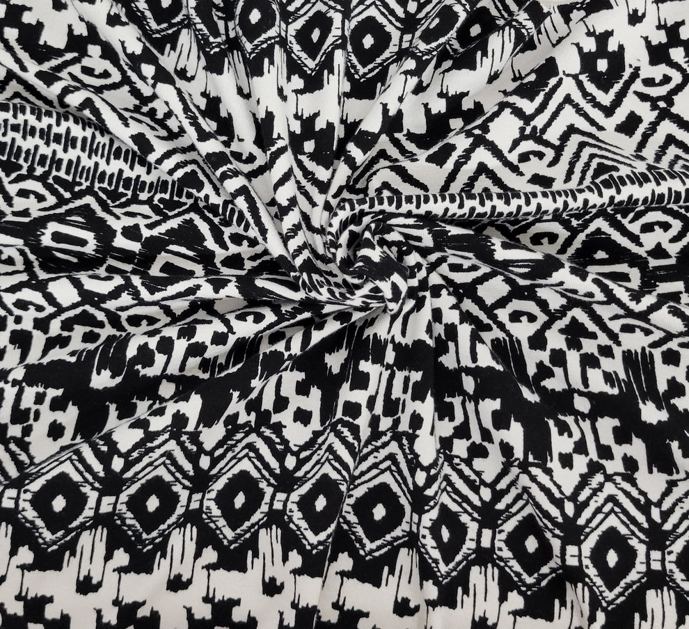 1 Yard Black White Cotton Lycra Tribal Print Fabric Stretch Jersey Knit for Apparel, Leggings & Crafts