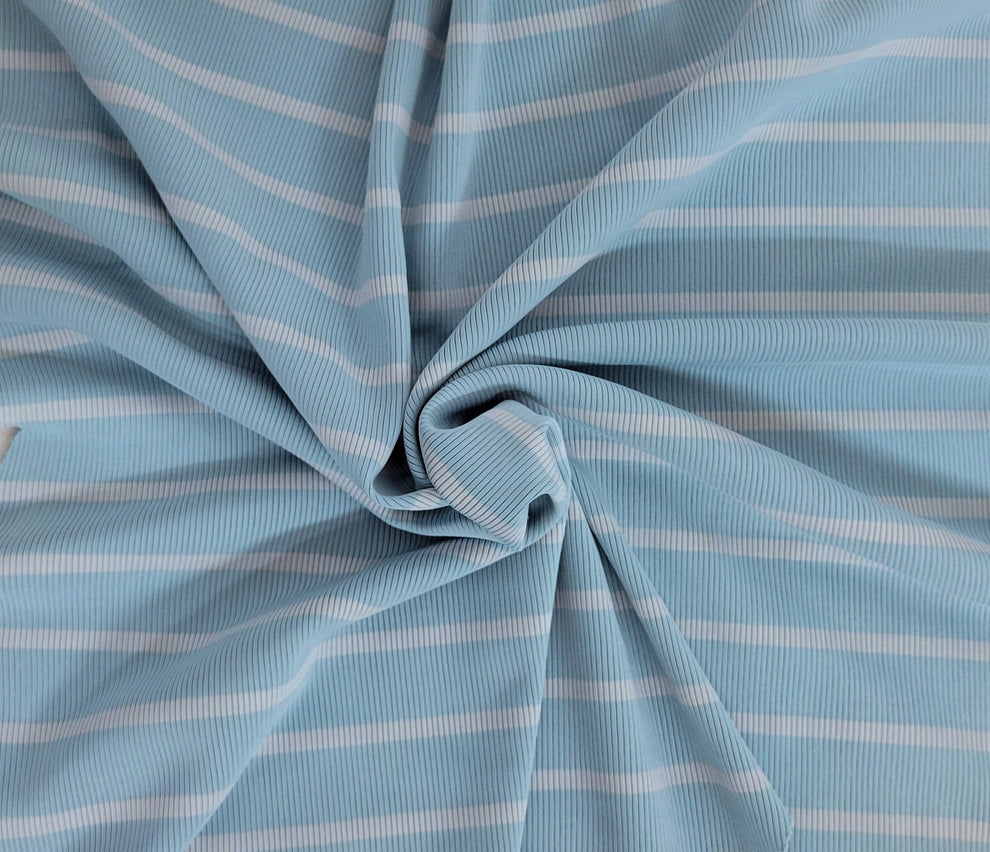 1 Yard Blue Stripe 1x1 Rib Knit Fabric Nylon Spandex Stretch Ribbing for Cuffs, Collars & Activewear