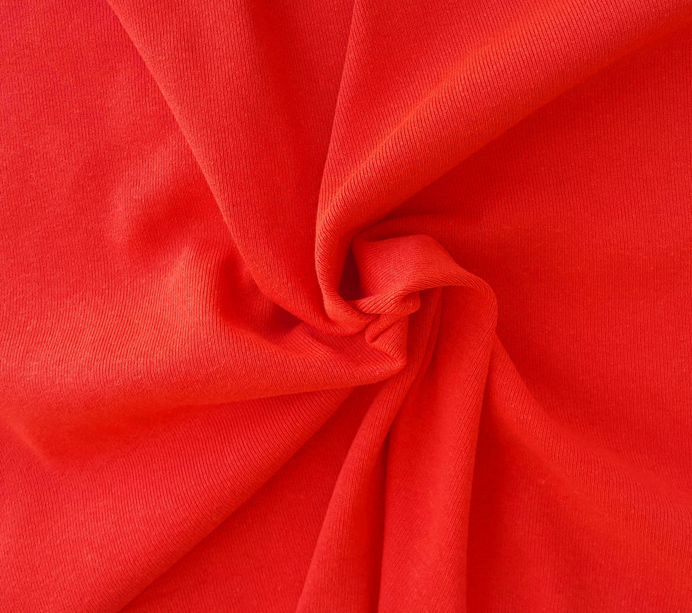 1 Yard Bright Orange Recycled Cotton Poly 1x1 Sweatshirt Rib Knit Fabric Stretchy Durable Soft