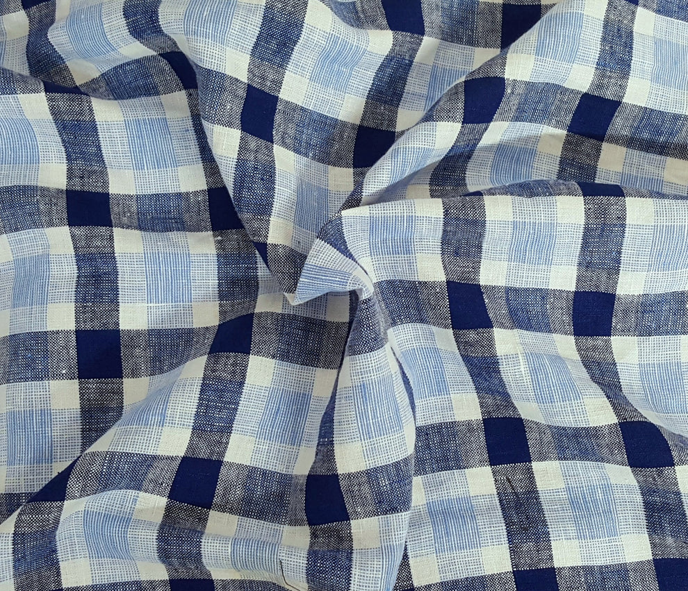 1 Yard Blue White Medium Gingham Yarn Dye Woven Linen Fabric