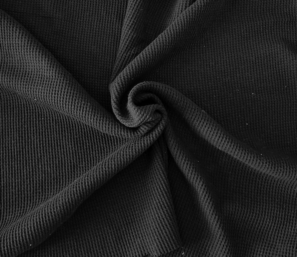 1 Yard Prewashed Black Cotton Thermal Waffle Knit Fabric Soft Midweight Textured Weave