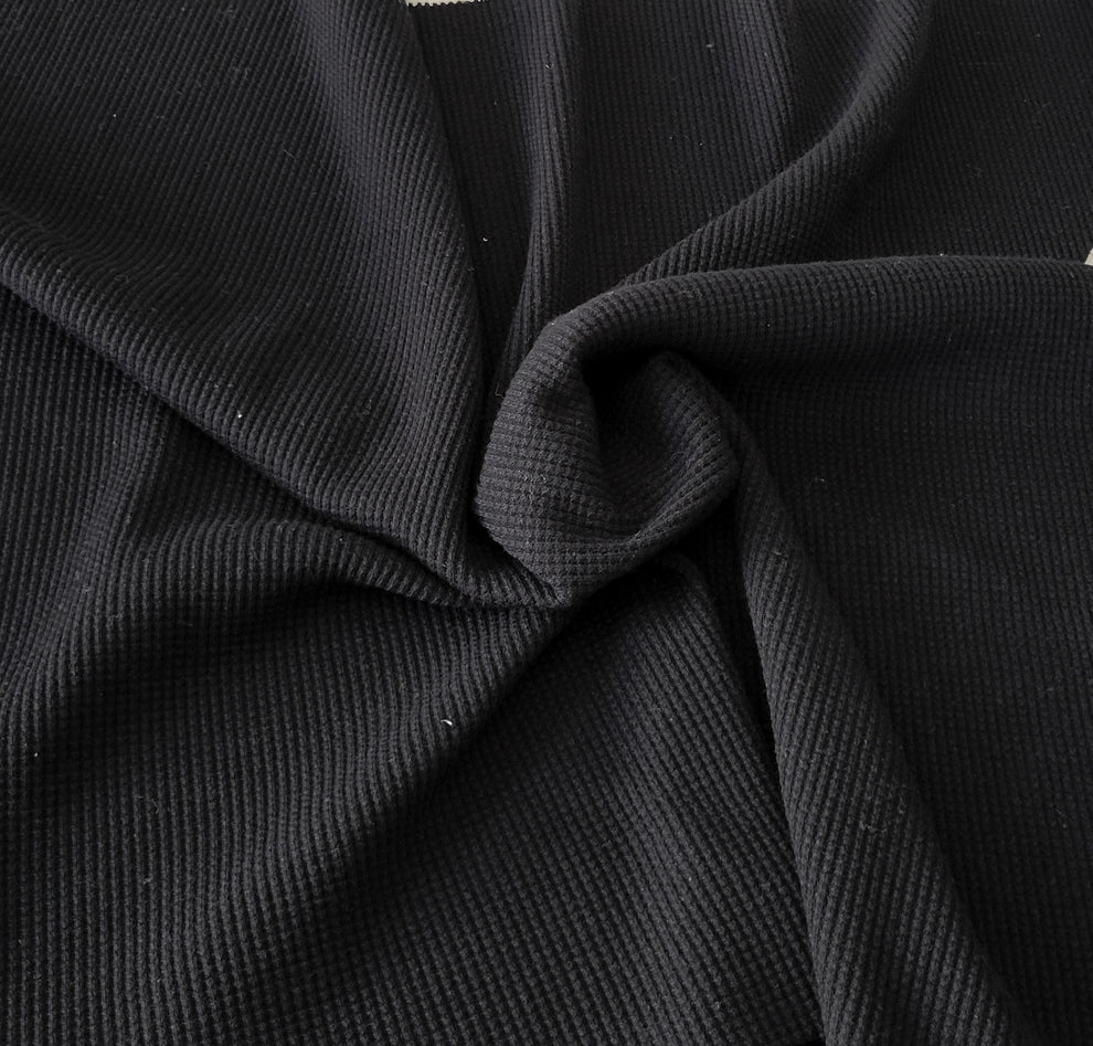 1 Yard Black Stretch Cotton Blend Thermal Knit Fabric for Loungewear, Tops, and Warm Pajamas