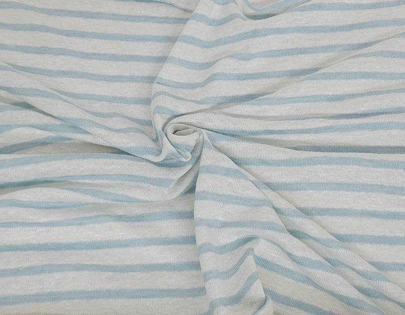 1 Yard Yarn Dye Stripe White Light Blue Linen Jersey Knit Fabric Lightweight Soft Breathable