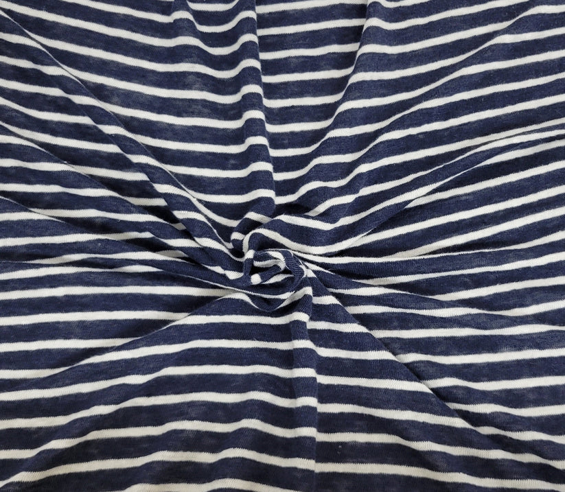 1 Yard Navy With White Stripe Yarn Dye Linen Jersey Fabric Lightweight Breathable Material