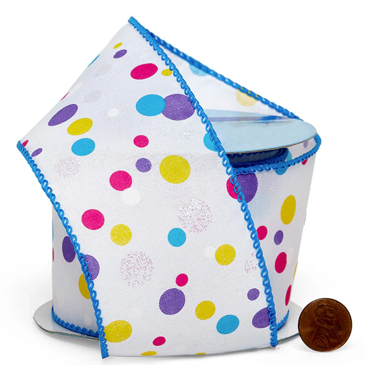 Colorful Dots On Wired Ribbon 2 1/2 '' x 10 yd Dots W/ Blue Wired Edges Color 1 / ROLL