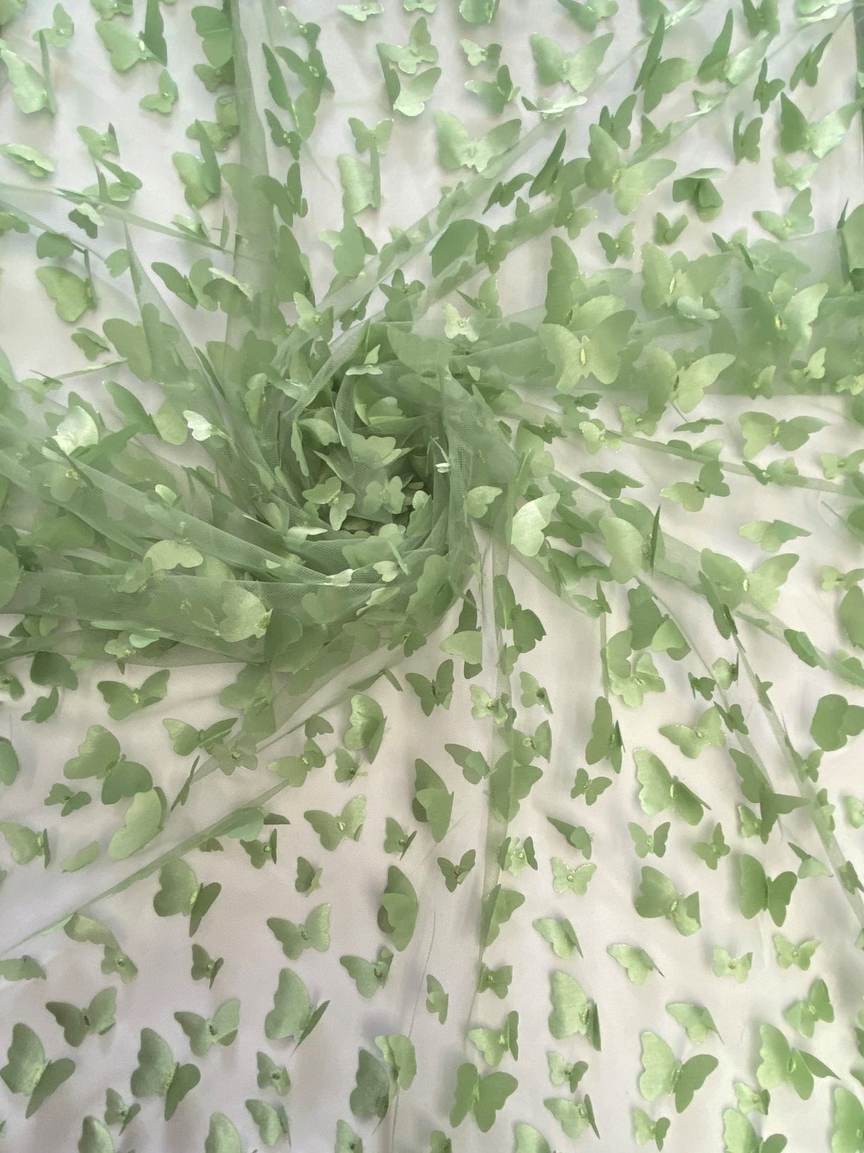 3D Butterflies Sage Polyester Mesh Fabric - Light Weight Satin Butterflies, Sage, 54" Width (1 Yard)