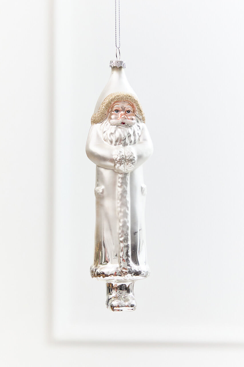 8" Silver & White Glass Santa Ornament