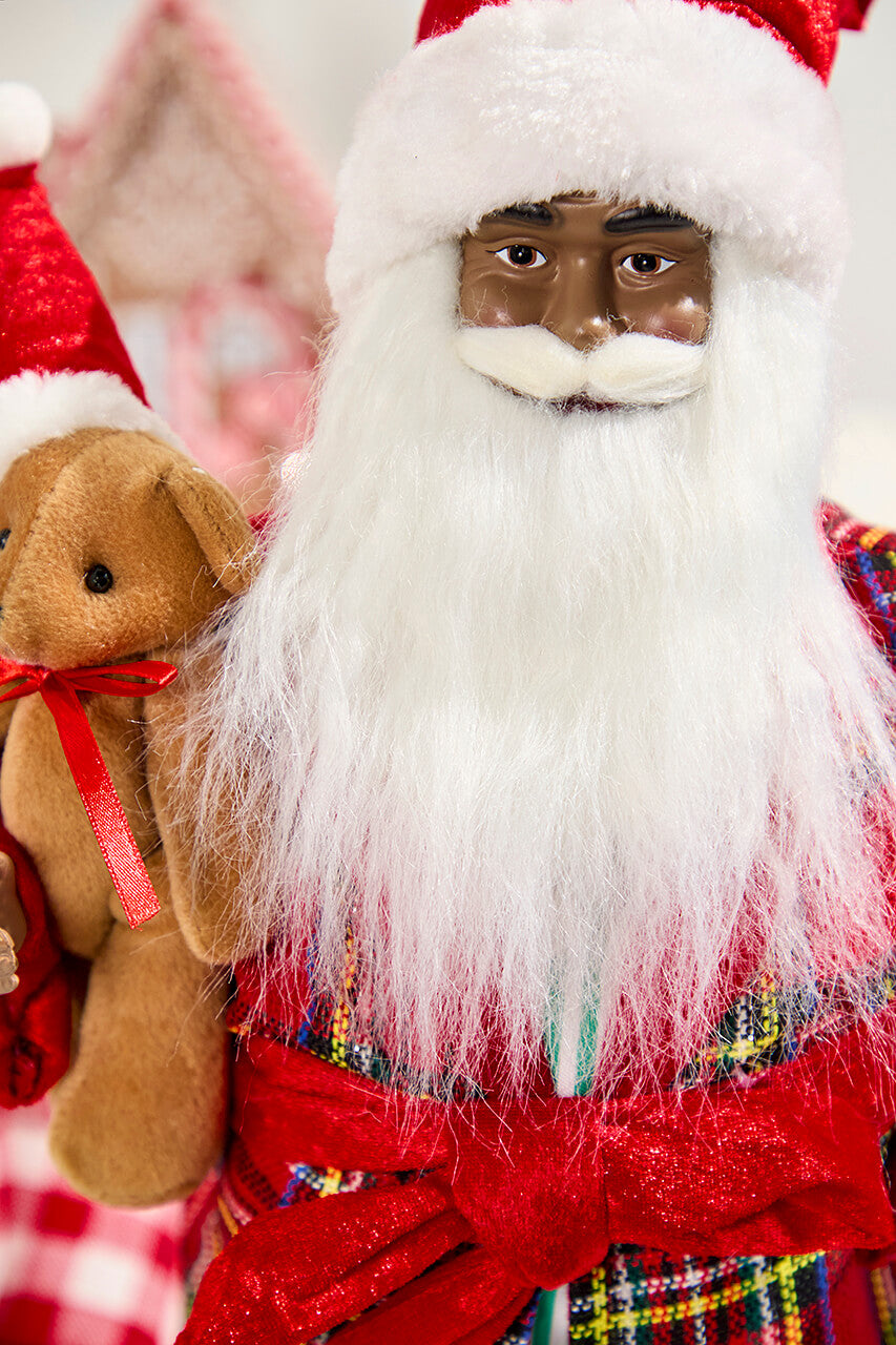 18" African American Santa Figurine with Plaid Robe