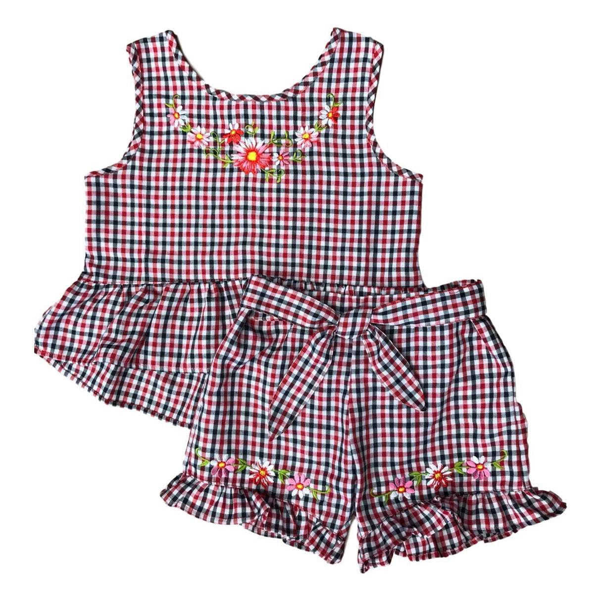 Girls Gingham Short Sets Cotton Fabric - Embroidered Gingham, Lime, Red, Black, Pink, Purple, Blue, Sizes 5-8 (1 Set)