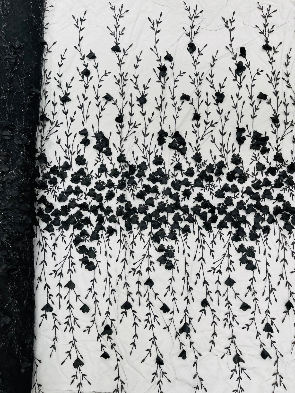 Satin 3D Floral Glitter Lace Fabric - 3D Satin Floral Embroidery With Glitter/Sequin, 54" Width (1 Yard)