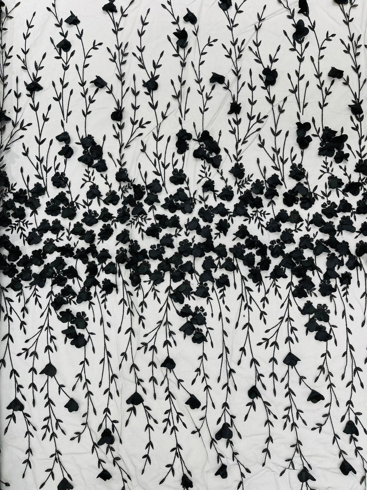 Satin 3D Floral Glitter Lace Fabric - 3D Satin Floral Embroidery With Glitter/Sequin, 54" Width (1 Yard)