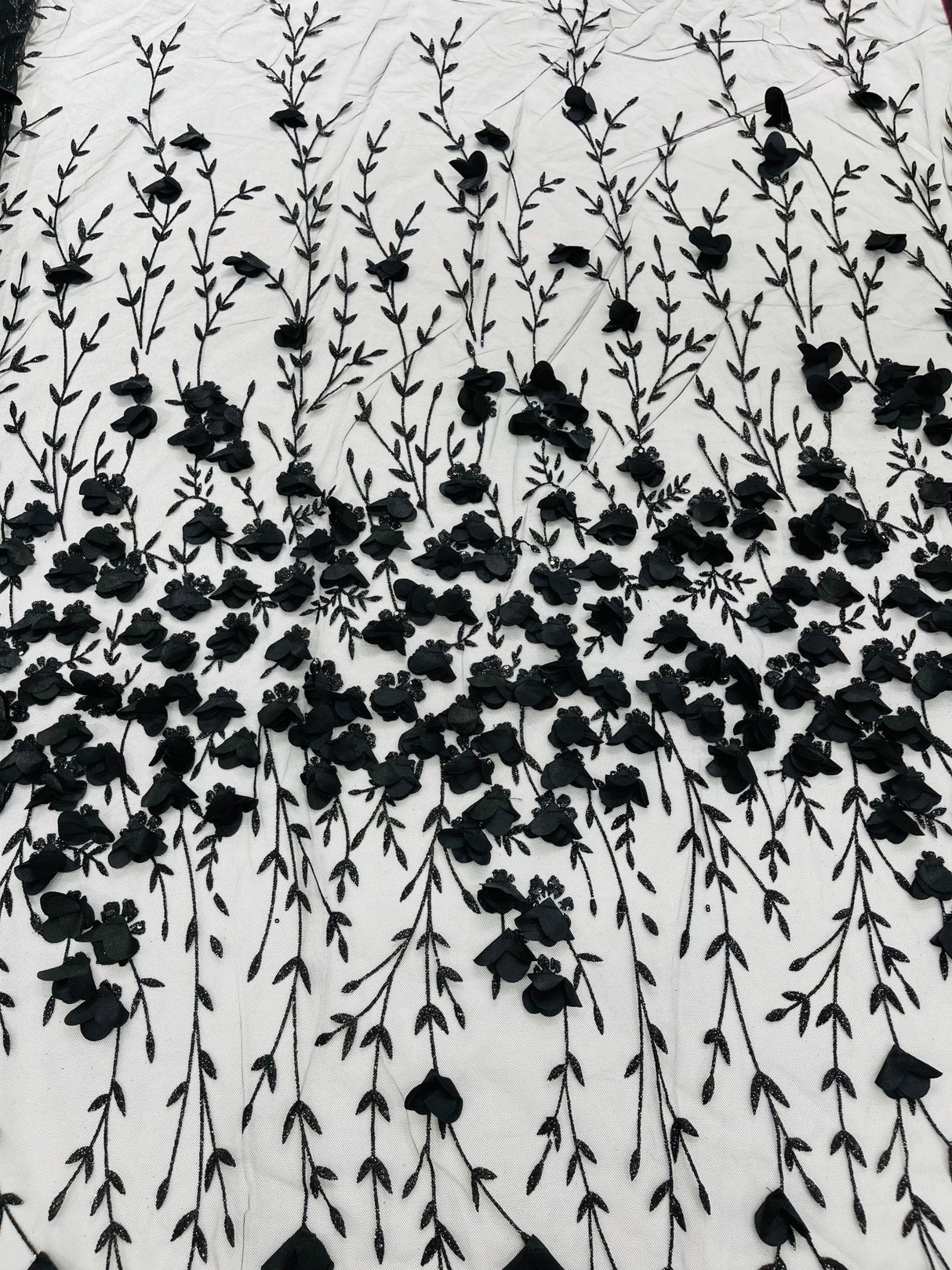 Satin 3D Floral Glitter Lace Fabric - 3D Satin Floral Embroidery With Glitter/Sequin, 54" Width (1 Yard)