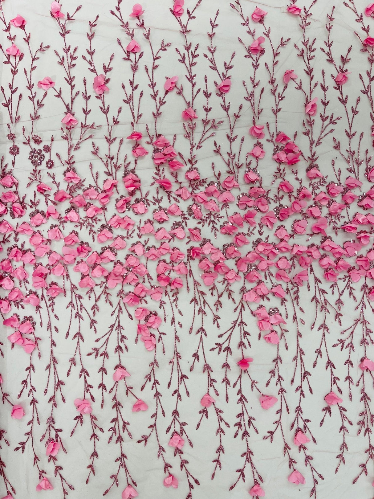 Satin 3D Floral Glitter Lace Fabric - 3D Satin Floral Embroidery With Glitter/Sequin, 54" Width (1 Yard)